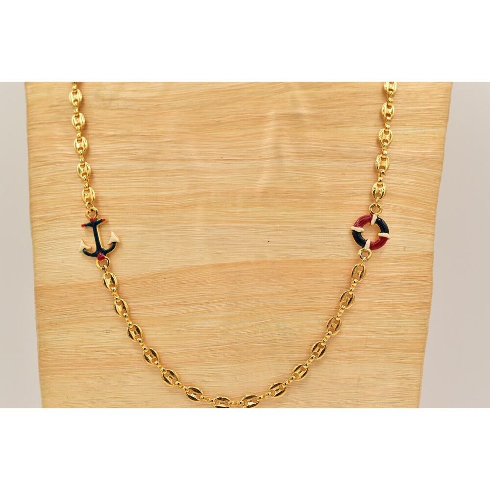 Vintage Mariner Station Chain Necklace Anchor Sail Boat Helm Red Blue Gold BinBC - Picture 3 of 12